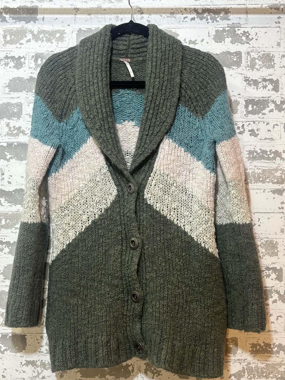 Free People Chevron Knit Shawl Collar Cardigan Green Multi-Color